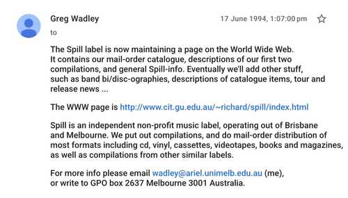 announcing Spill website in 1994